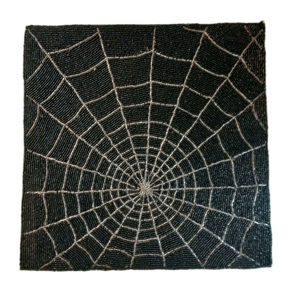 2 Fully Beaded Spiderweb Placemat 15" Square Fabric Back Gothic Halloween Decor